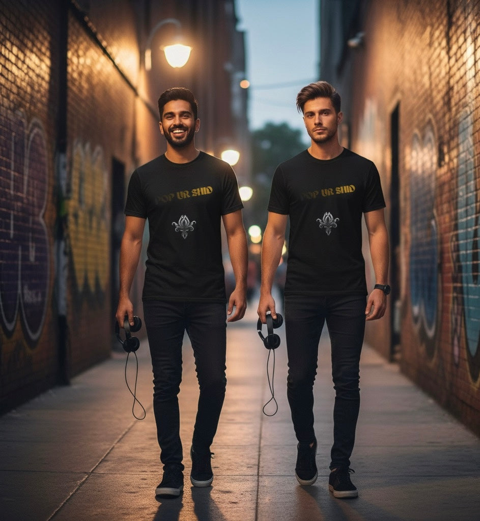 PUSfashion Street Tee — Blue/Black/White 'Pop Your Shid' Graphic