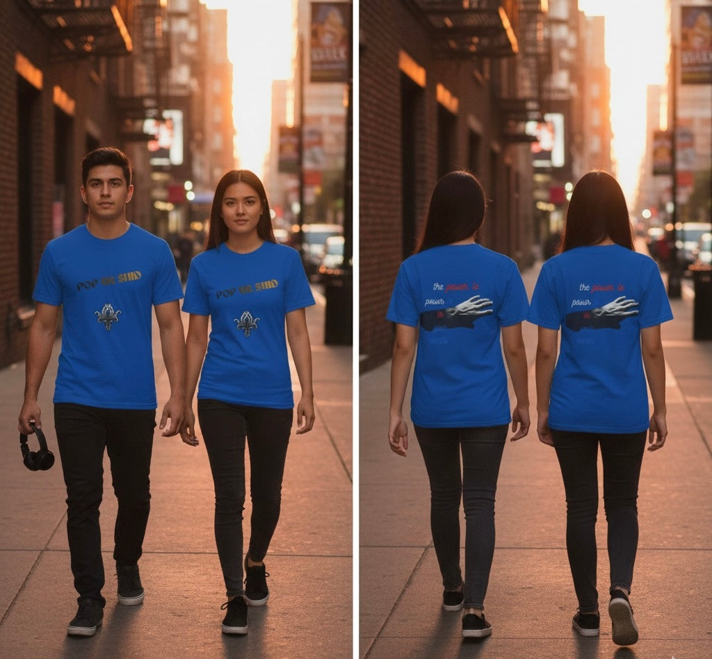 PUSfashion Street Tee — Blue/Black/White 'Pop Your Shid' Graphic