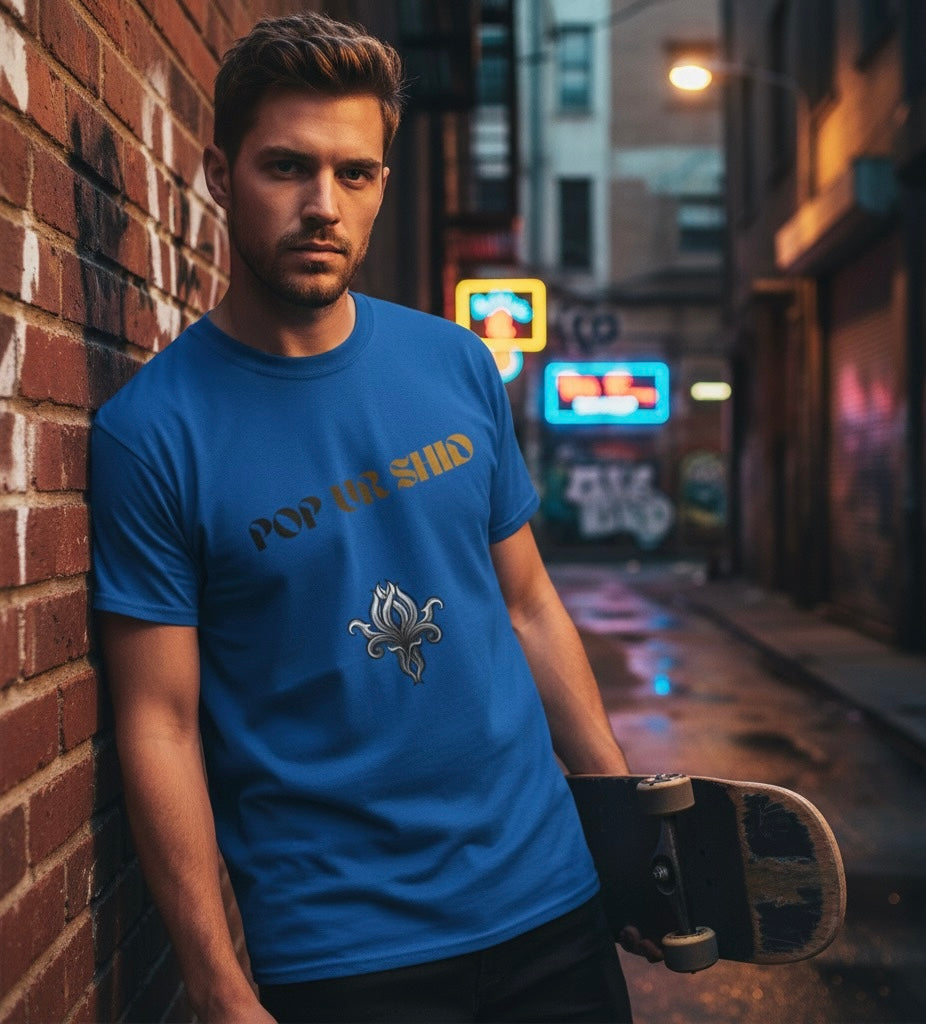 PUSfashion Street Tee — Blue/Black/White 'Pop Your Shid' Graphic