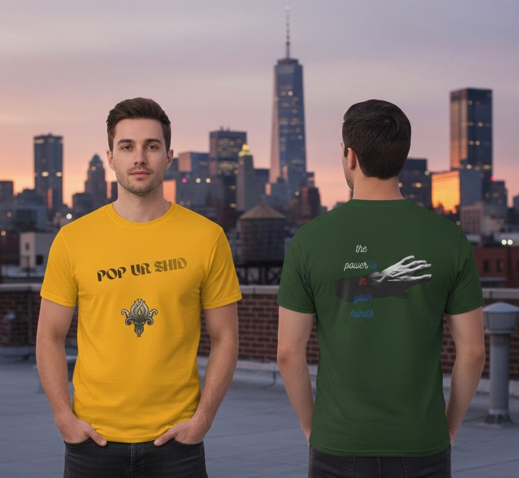 PUSfashion Street Tee — Blue/Black/White 'Pop Your Shid' Graphic